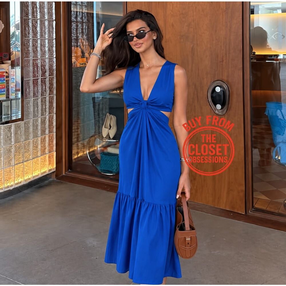 Mango NWT Royal Blue Cotton Twist Front Maxi Dress 4 6 8 10 - Picture 4 of 16